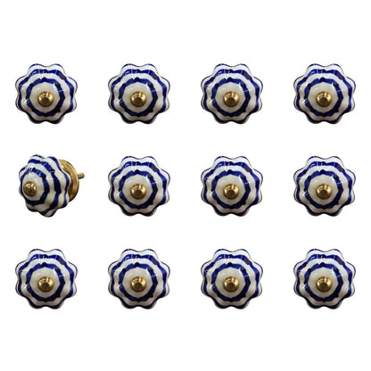Set of Twelve Blue White And Copper Floral Ceramic Drawer Pull Knobs