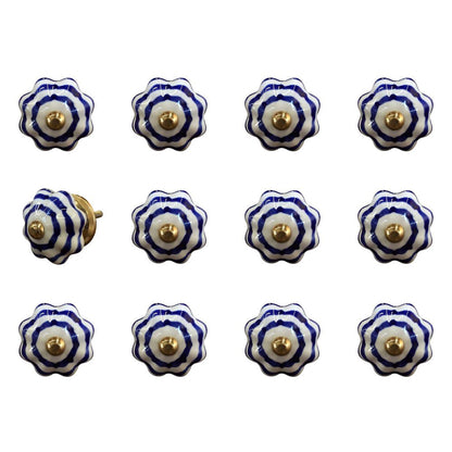 Set of Twelve Blue White And Copper Floral Ceramic Drawer Pull Knobs