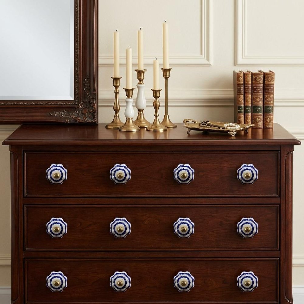 Set of Twelve Blue White And Copper Floral Ceramic Drawer Pull Knobs