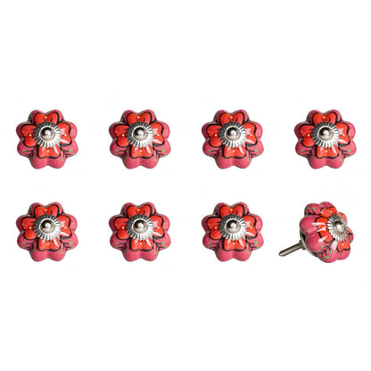 Set of Eight Red Pink And Green Floral Ceramic Drawer Pull Knobs
