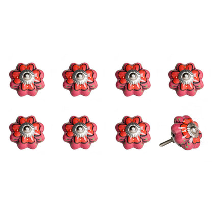 Set of Eight Red Pink And Green Floral Ceramic Drawer Pull Knobs