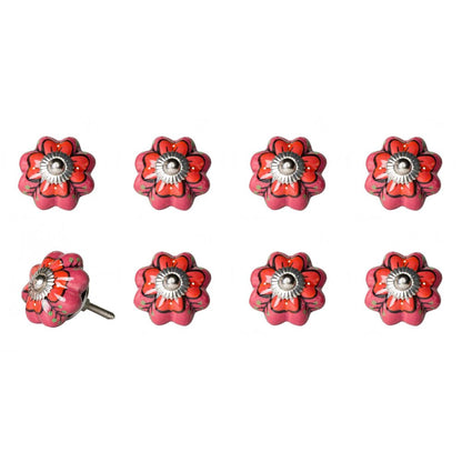 Set of Eight Red Pink And Green Floral Ceramic Drawer Pull Knobs