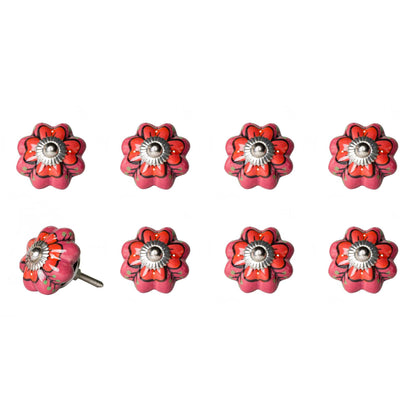 Set of Eight Red Pink And Green Floral Ceramic Drawer Pull Knobs