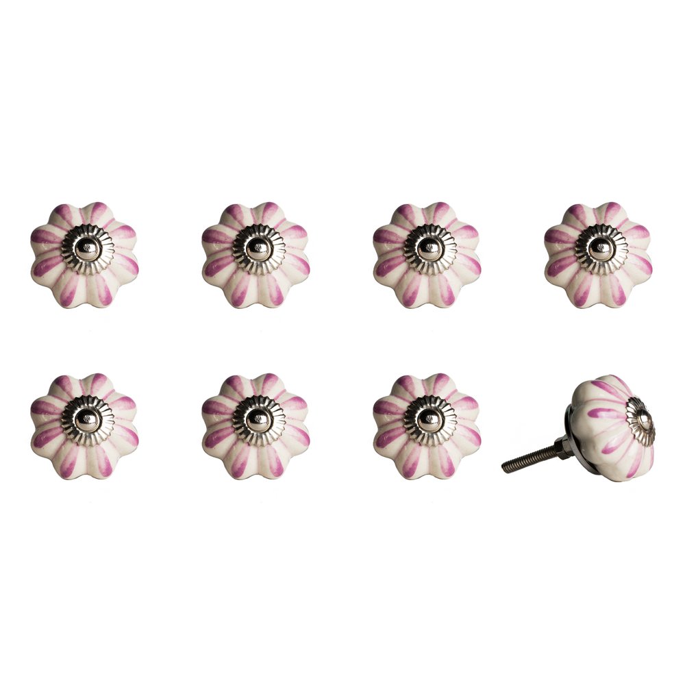 Set of Eight Red Pink And Green Floral Ceramic Drawer Pull Knobs