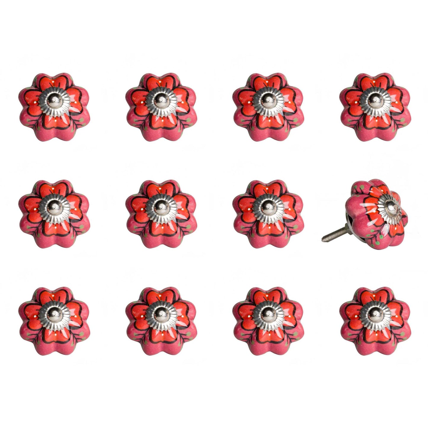Set of Twelve Red Pink And Green Floral Ceramic Drawer Pull Knobs