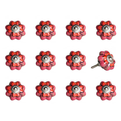 Set of Twelve Red Pink And Green Floral Ceramic Drawer Pull Knobs