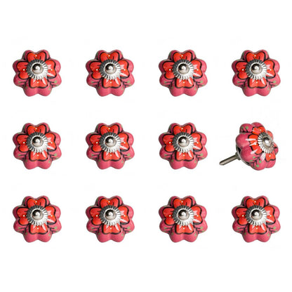 Set of Twelve Red Pink And Green Floral Ceramic Drawer Pull Knobs