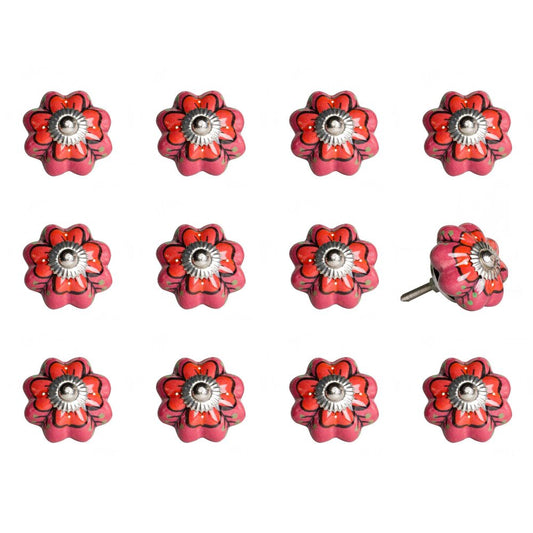 Set of Twelve Red Pink And Green Floral Ceramic Drawer Pull Knobs