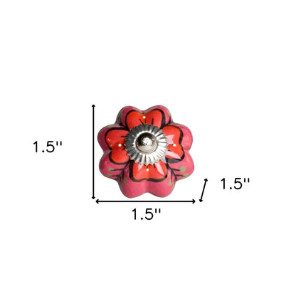 Set of Twelve Red Pink And Green Floral Ceramic Drawer Pull Knobs