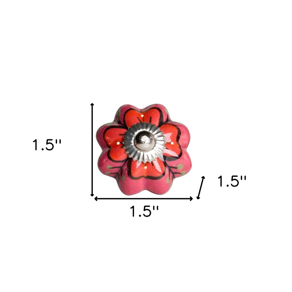 Set of Twelve Red Pink And Green Floral Ceramic Drawer Pull Knobs