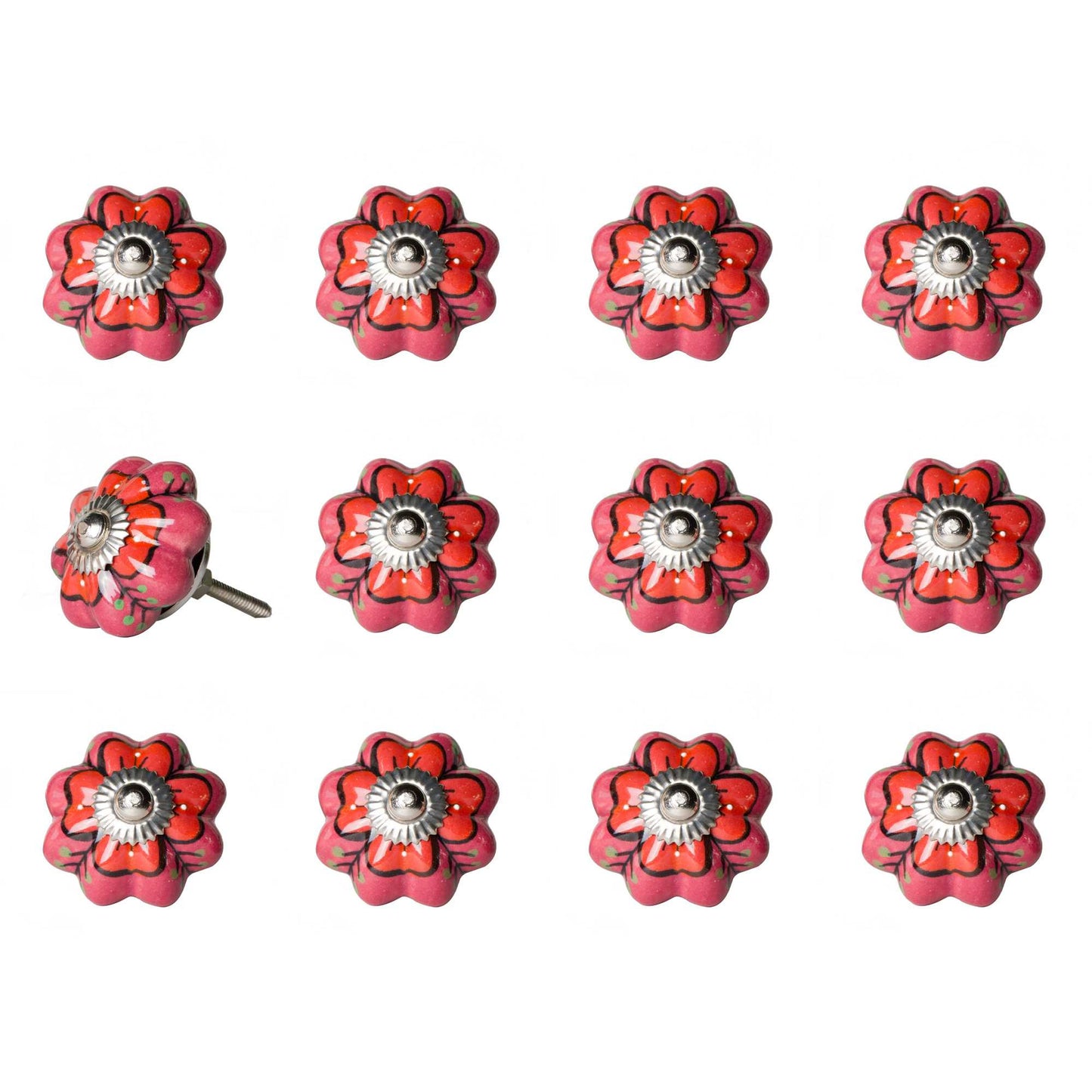 Set of Twelve Red Pink And Green Floral Ceramic Drawer Pull Knobs
