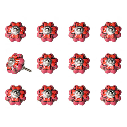 Set of Twelve Red Pink And Green Floral Ceramic Drawer Pull Knobs