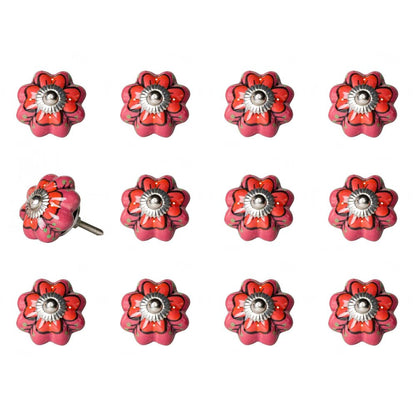Set of Twelve Red Pink And Green Floral Ceramic Drawer Pull Knobs
