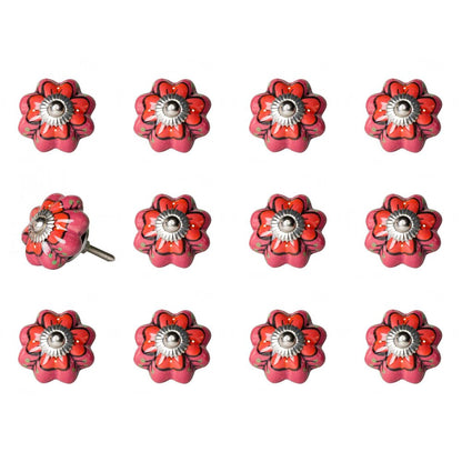 Set of Twelve Red Pink And Green Floral Ceramic Drawer Pull Knobs