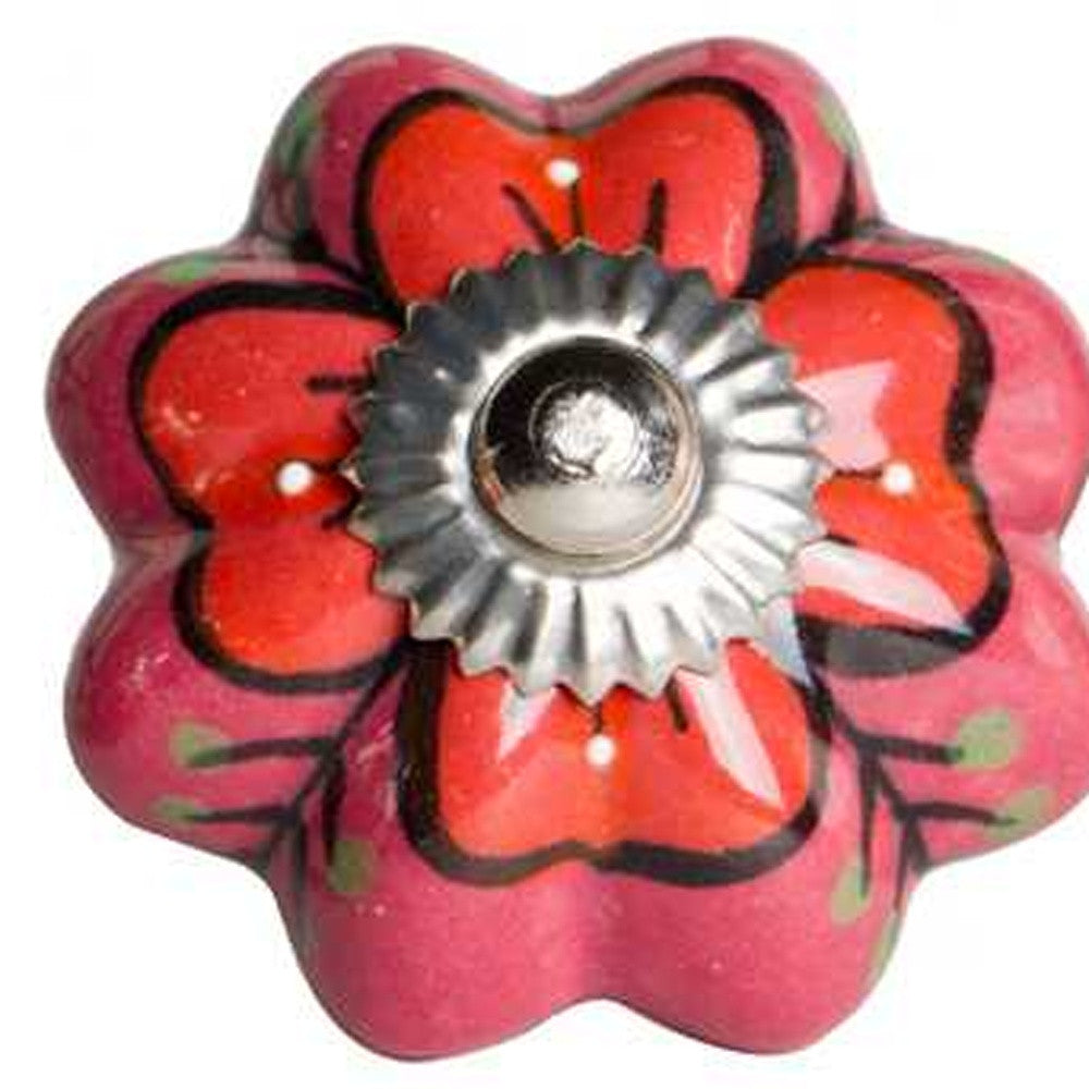Set of Twelve Red Pink And Green Floral Ceramic Drawer Pull Knobs