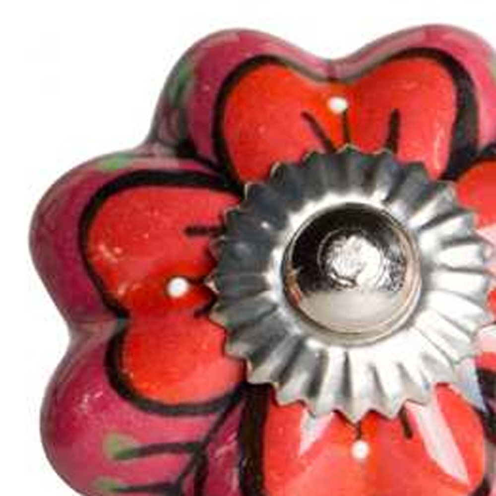 Set of Twelve Red Pink And Green Floral Ceramic Drawer Pull Knobs