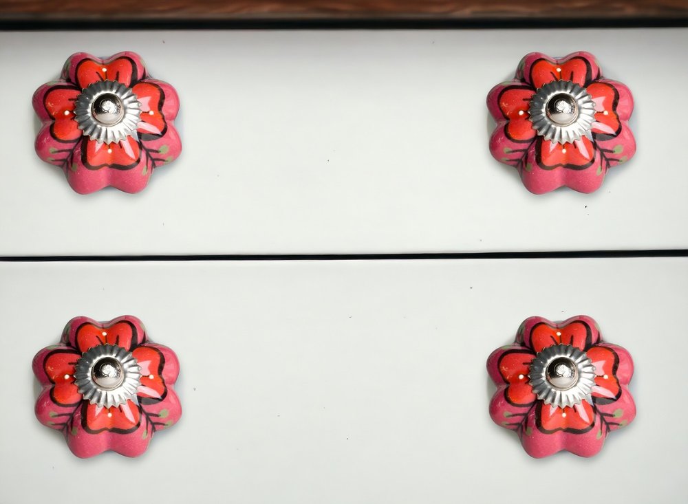 Set of Twelve Red Pink And Green Floral Ceramic Drawer Pull Knobs