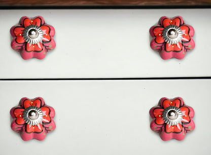 Set of Twelve Red Pink And Green Floral Ceramic Drawer Pull Knobs
