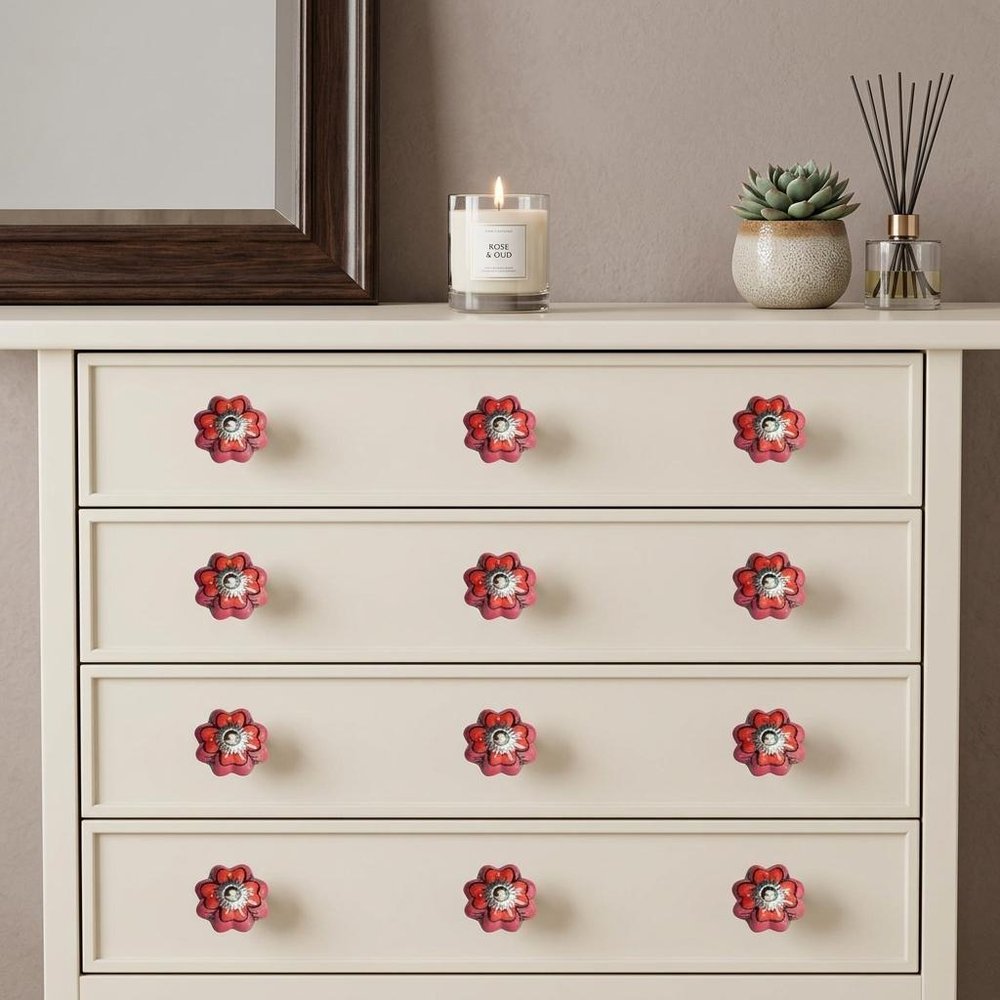Set of Twelve Red Pink And Green Floral Ceramic Drawer Pull Knobs