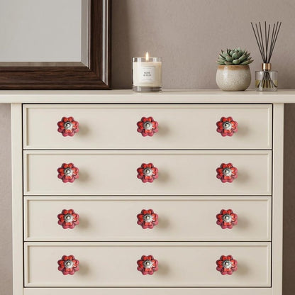 Set of Twelve Red Pink And Green Floral Ceramic Drawer Pull Knobs