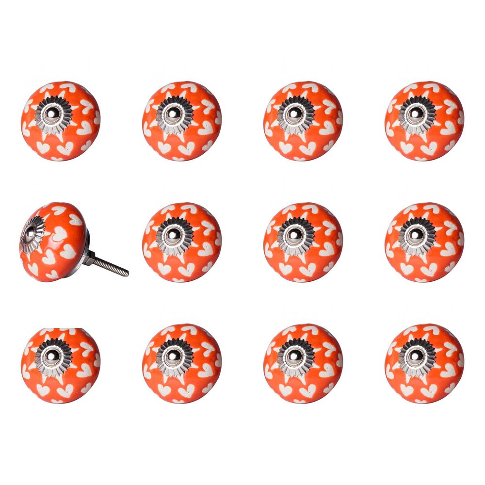 Set of Twelve Orange White And Silver Floral Ceramic Drawer Pull Knobs