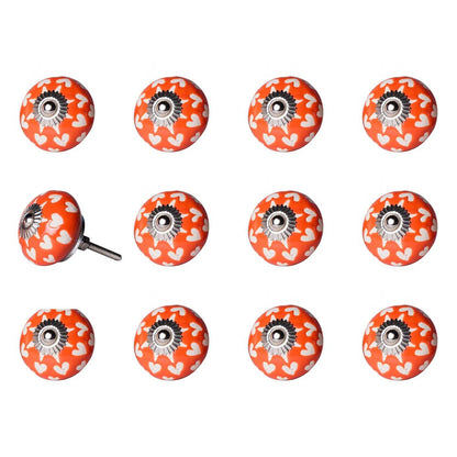 Set of Twelve Orange White And Silver Floral Ceramic Drawer Pull Knobs