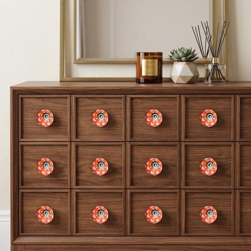 Set of Twelve Orange White And Silver Floral Ceramic Drawer Pull Knobs