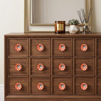 Set of Twelve Orange White And Silver Floral Ceramic Drawer Pull Knobs