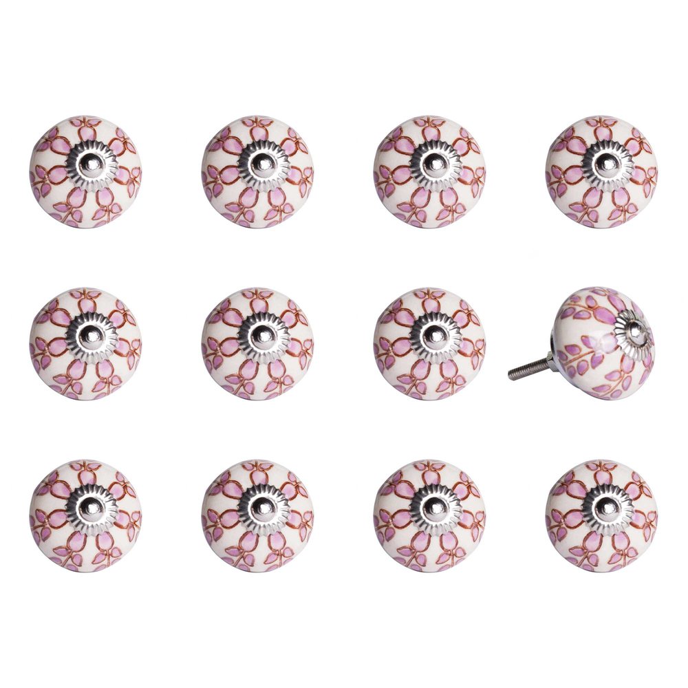 Set of Twelve Pink White And Burgundy Floral Ceramic Drawer Pull Knobs