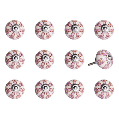 Set of Twelve Pink White And Burgundy Floral Ceramic Drawer Pull Knobs