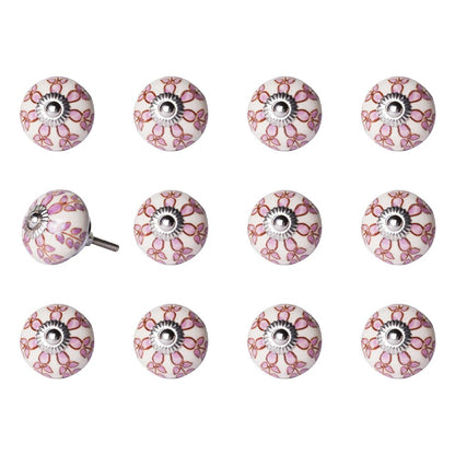 Set of Twelve Pink White And Burgundy Floral Ceramic Drawer Pull Knobs