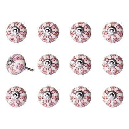 Set of Twelve Pink White And Burgundy Floral Ceramic Drawer Pull Knobs