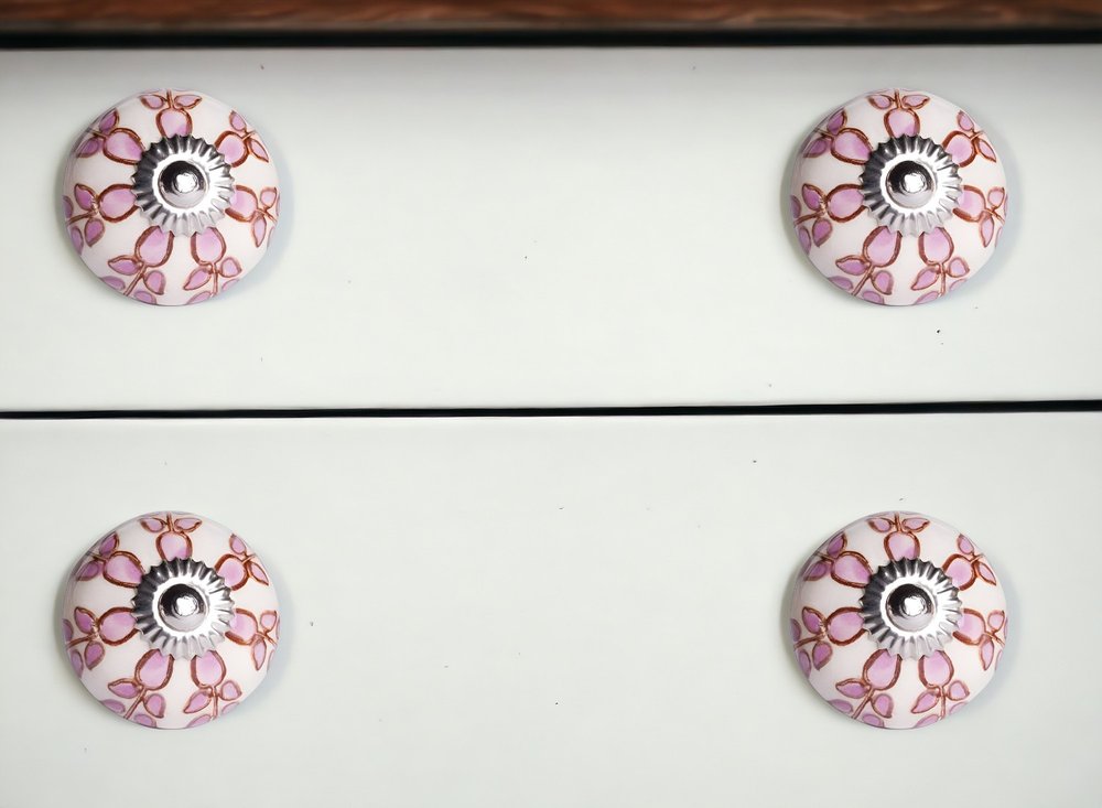 Set of Twelve Pink White And Burgundy Floral Ceramic Drawer Pull Knobs