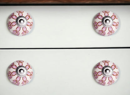 Set of Twelve Pink White And Burgundy Floral Ceramic Drawer Pull Knobs