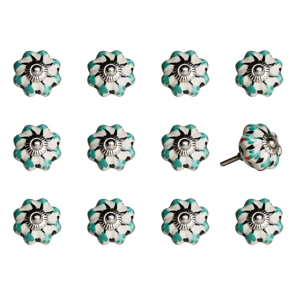 Set of Twelve Green Silver And White Geometric Ceramic Drawer Pull Knobs