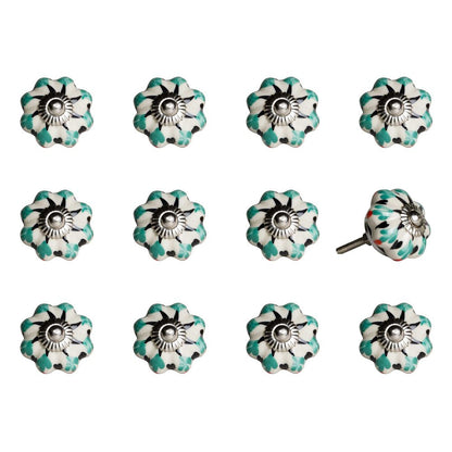 Set of Twelve Green Silver And White Geometric Ceramic Drawer Pull Knobs