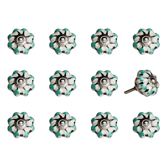 Set of Twelve Green Silver And White Geometric Ceramic Drawer Pull Knobs