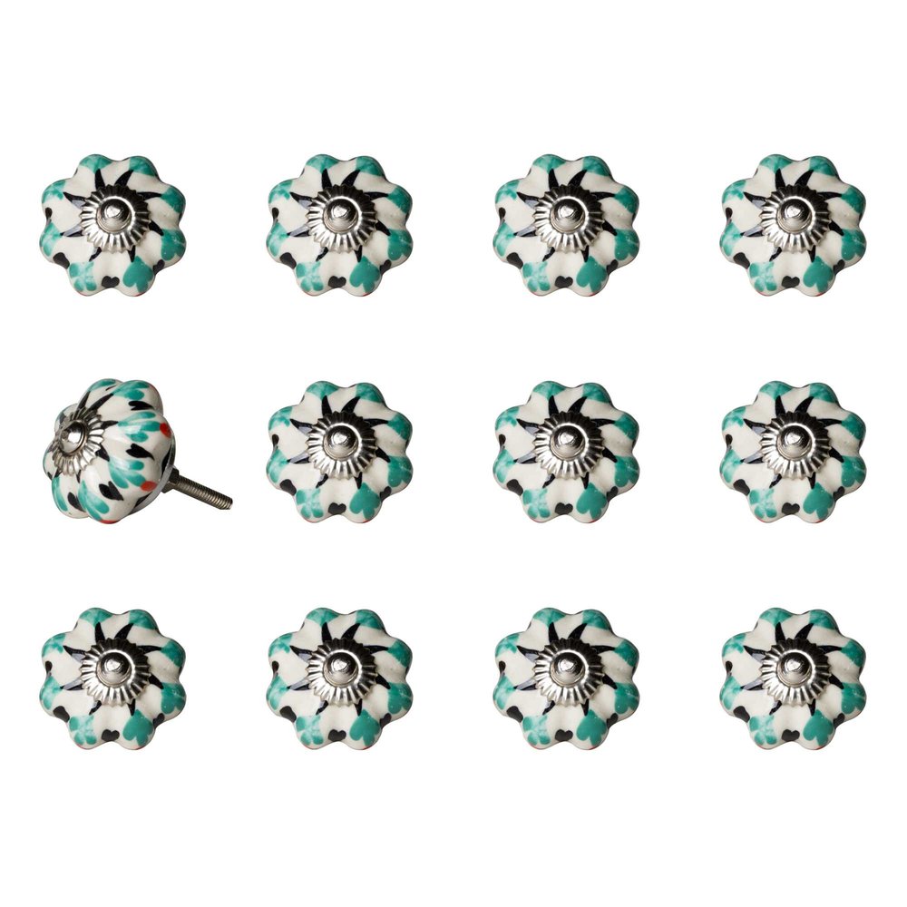 Set of Twelve Green Silver And White Geometric Ceramic Drawer Pull Knobs
