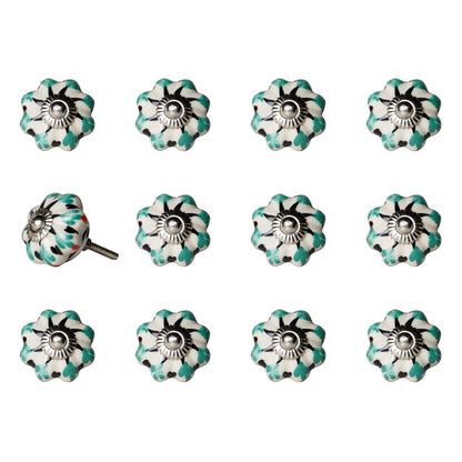 Set of Twelve Green Silver And White Geometric Ceramic Drawer Pull Knobs