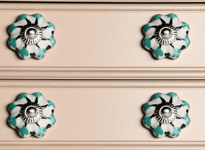 Set of Twelve Green Silver And White Geometric Ceramic Drawer Pull Knobs