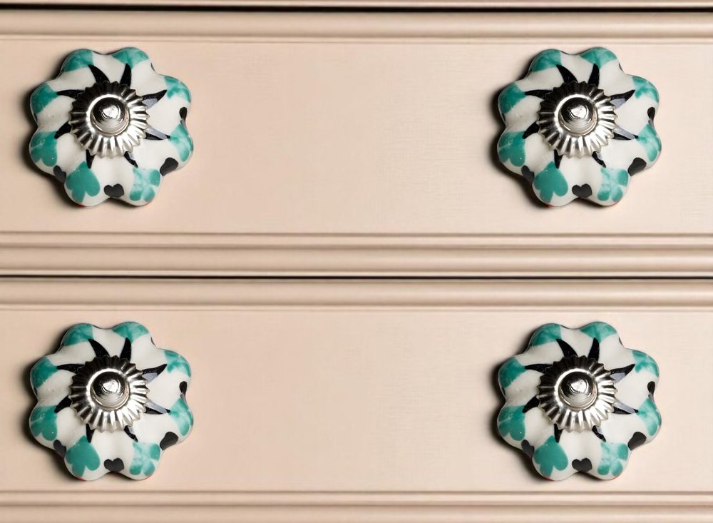 Set of Twelve Green Silver And White Geometric Ceramic Drawer Pull Knobs