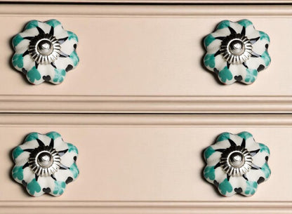 Set of Twelve Green Silver And White Geometric Ceramic Drawer Pull Knobs