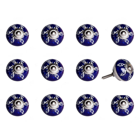 Set of Twelve Blue And White Geometric Ceramic Drawer Pull Knobs