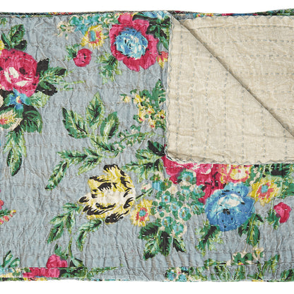 50" X 70" Green and Red Kantha Cotton Damask Throw Blanket with Embroidery