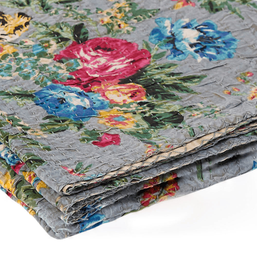 50" X 70" Pink Gray and Blue Kantha Cotton Floral Throw Blanket with Embroidery