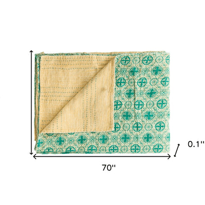 50" X 70" Green and Ivory Kantha Cotton Geometric Throw Blanket with Embroidery