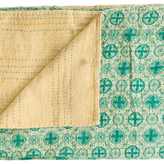 50" X 70" Green and Ivory Kantha Cotton Geometric Throw Blanket with Embroidery