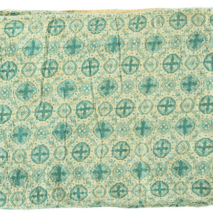 50" X 70" Green and Ivory Kantha Cotton Geometric Throw Blanket with Embroidery