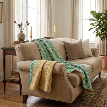 50" X 70" Green and Ivory Kantha Cotton Geometric Throw Blanket with Embroidery