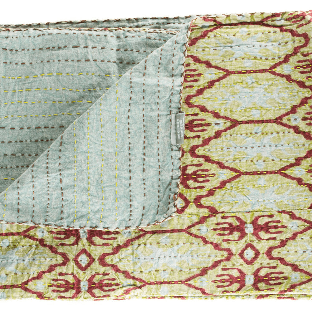 50" X 70" Red and Green Kantha Cotton Abstract Throw Blanket with Embroidery